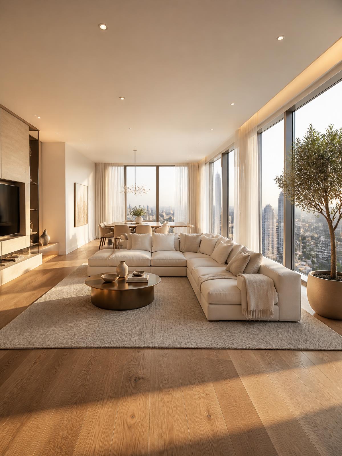 Bright, luxurious modern apartment living room at golden hour